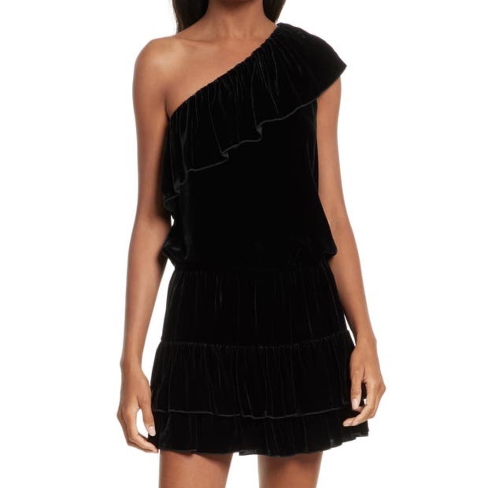 NWT Joie Black Velvet One Shoulder Tiered Dress • Goth Dark Romance • Size M 🔴